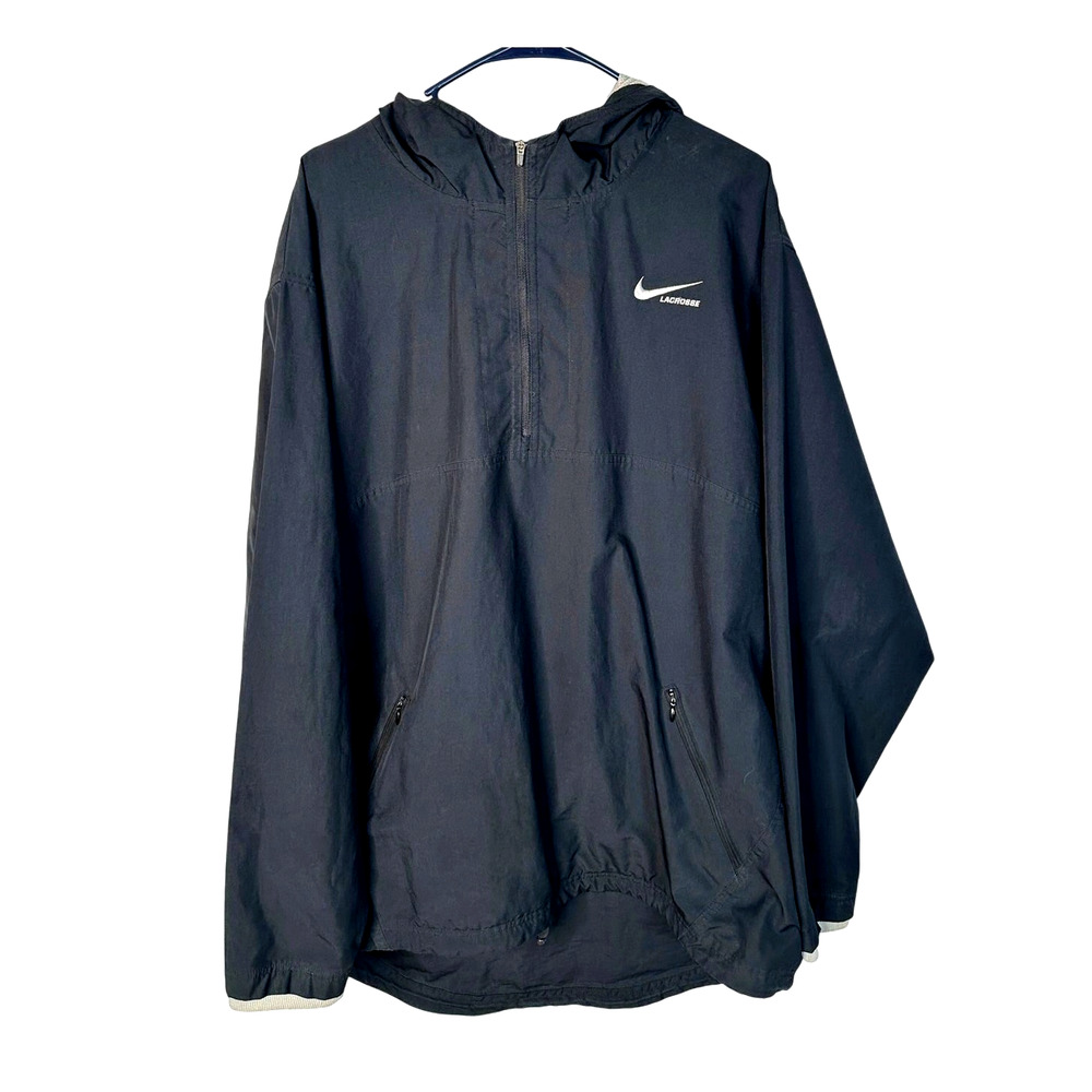 Nike Mens L Lacrosse $195 Pullover Nylon Jacket 1/4 Zip Rain Parka Hoodie Black